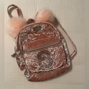 Justice Pink Velvet Backpack with Pom Poms